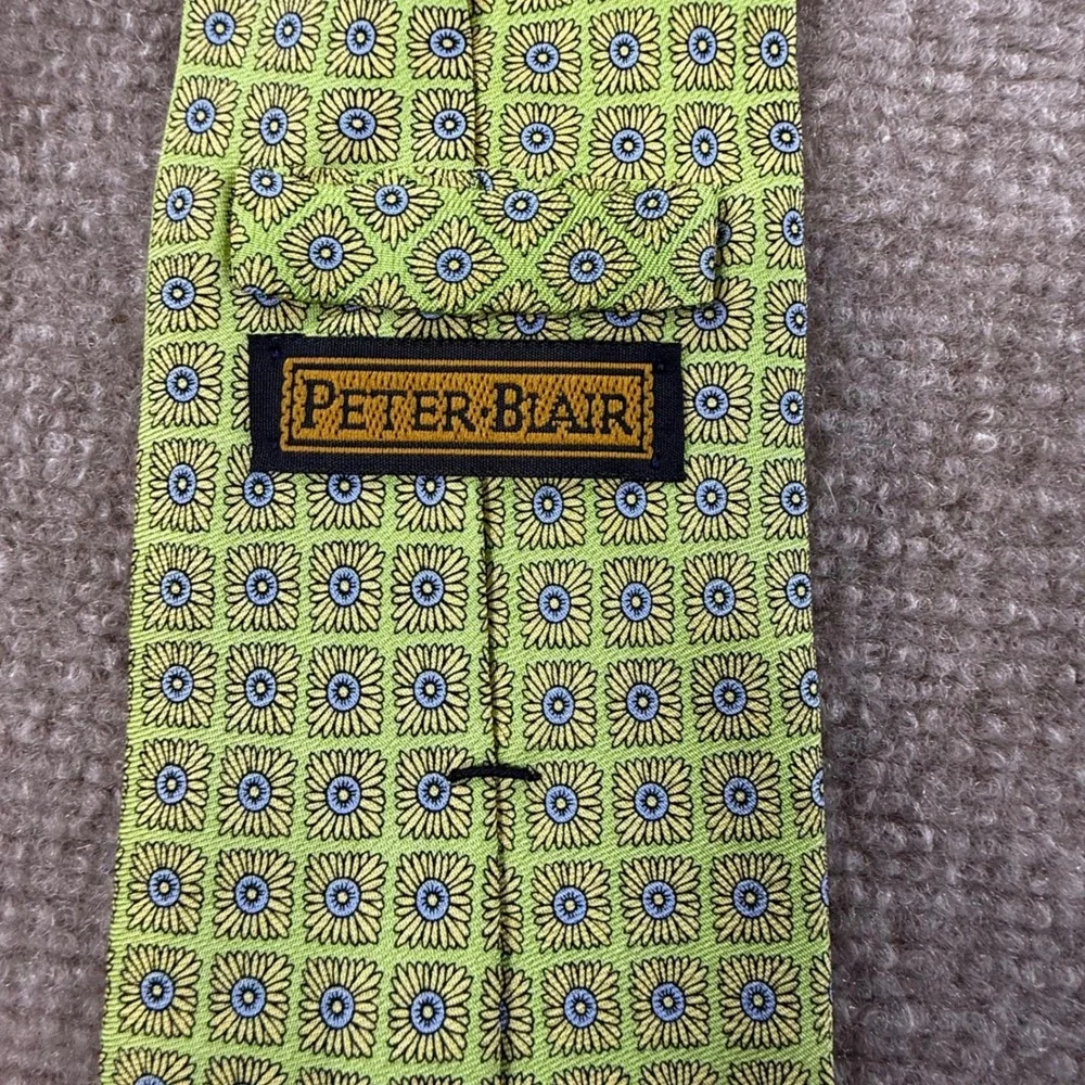 Peter Blair Mens Silk Tie Lime Green Yellow Blue Floral Geometric Made in USA